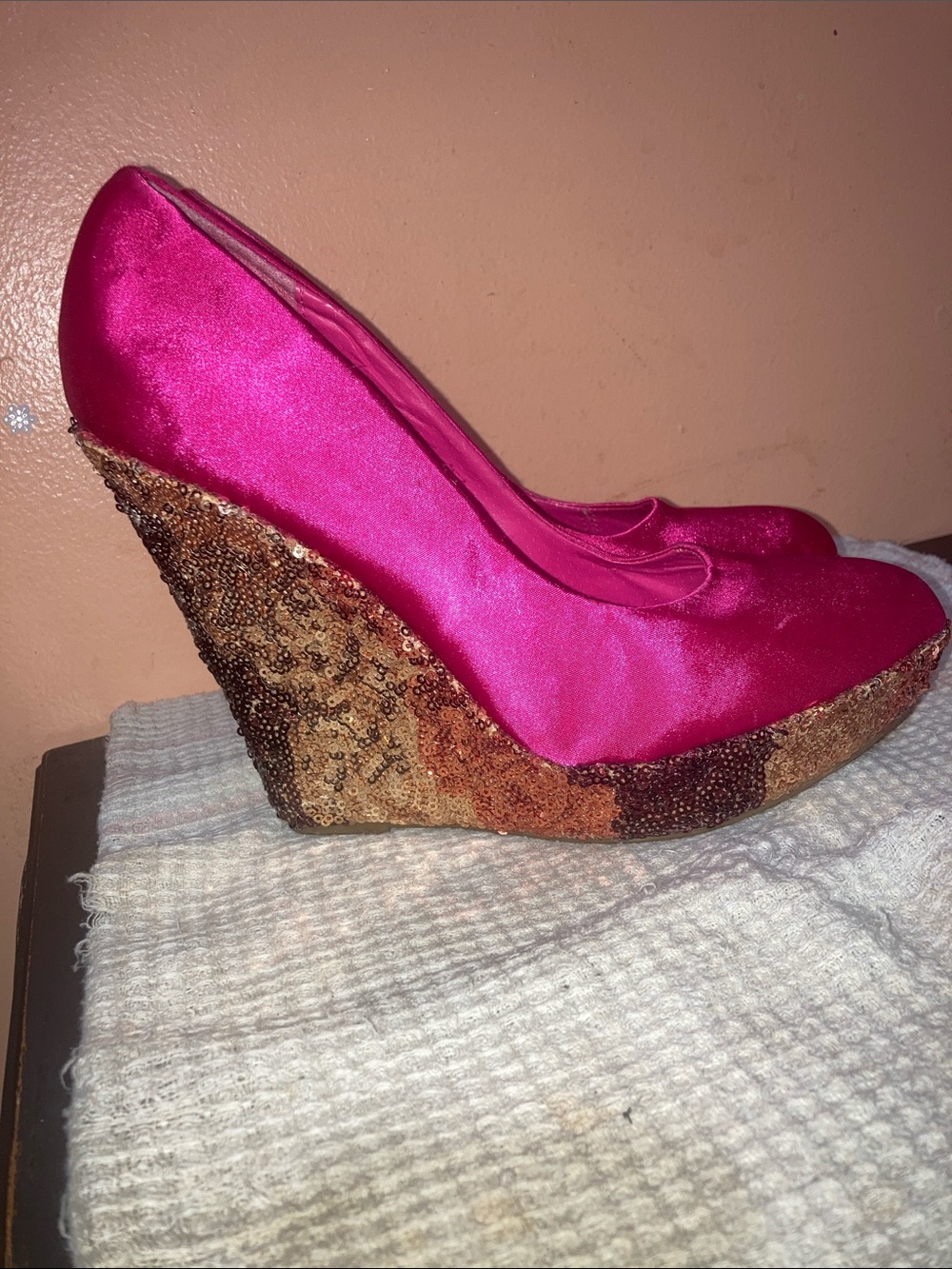 Y2K Privileged Hot Pink Satin Wedge Heels with Beaded Metallic Wedge